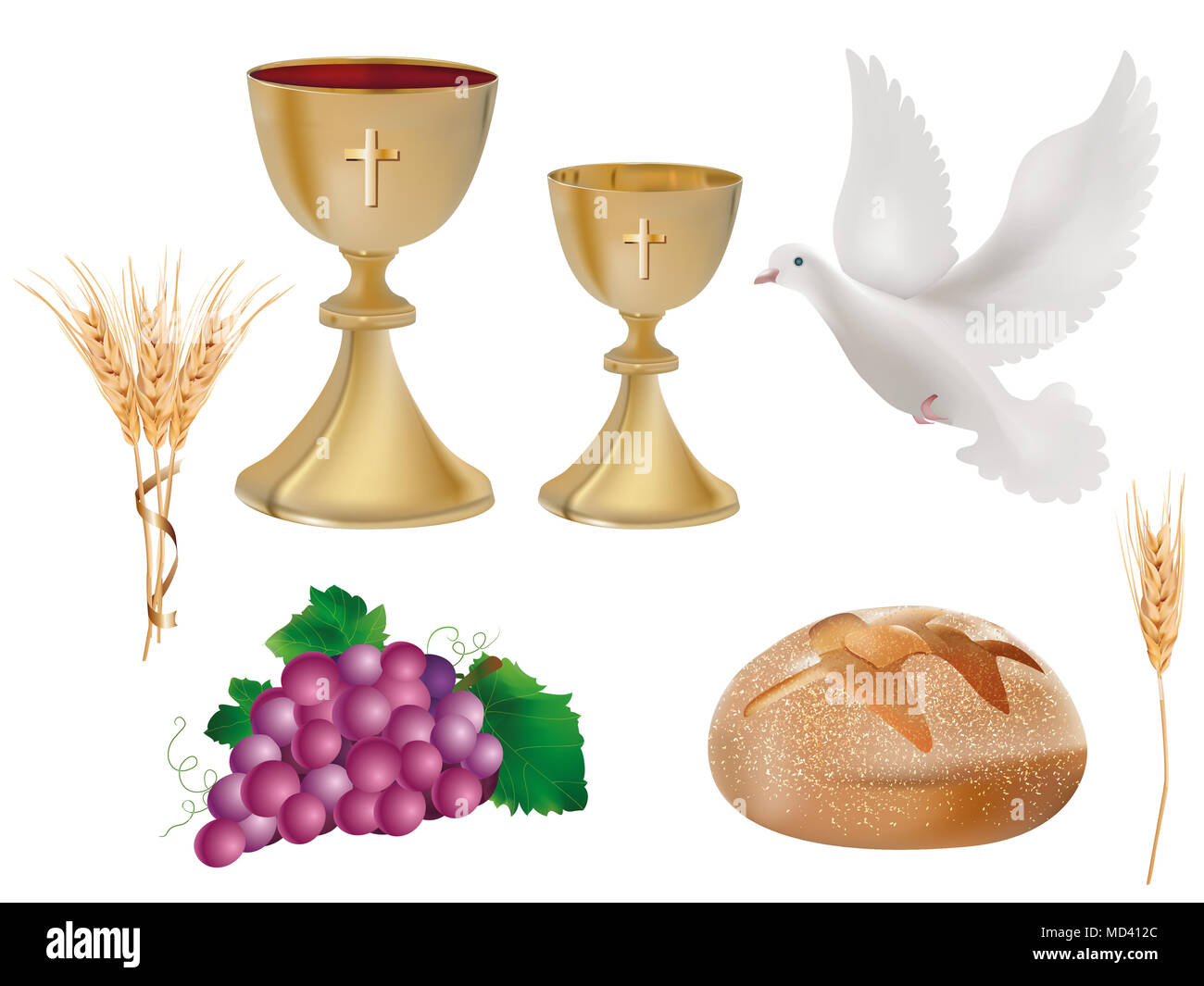 Isolierte christliche Symbole: Goldener Kelch mit Wein, Taube, Trauben, Brot, Weizenohr. Christliche Zeichen. Letzte Abendmahlssymbole.3D-realistische Abbildung Stockfoto