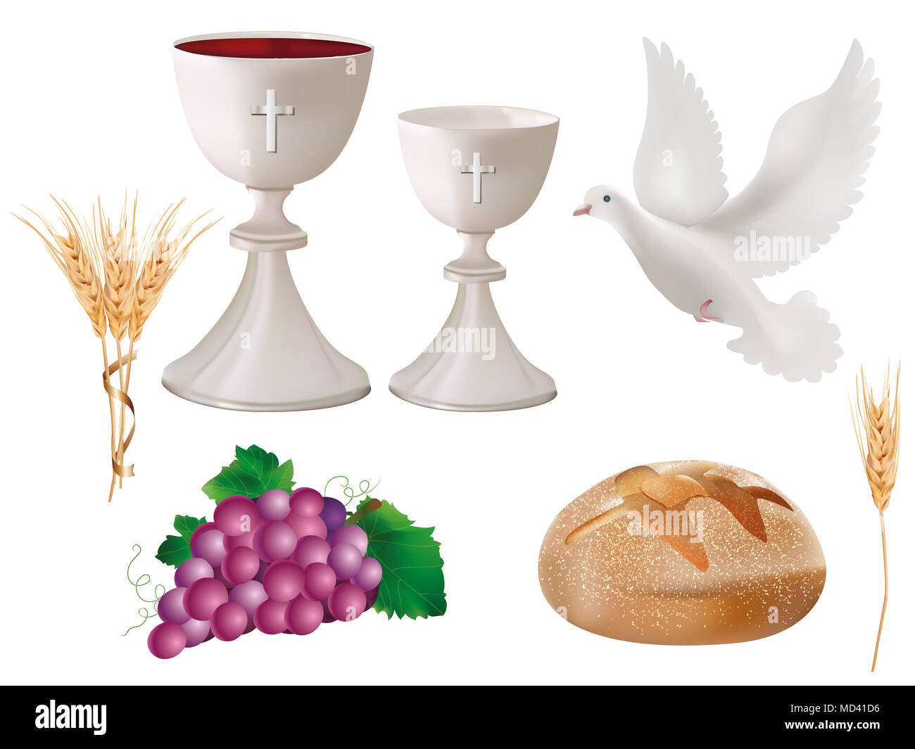 Isolierte christliche Symbole: Weißer Kelch mit Wein, Taube, Trauben, Brot, Weizenohr. Christliche Zeichen. Letzte Abendmahlssymbole.3D-realistische Abbildung Stockfoto