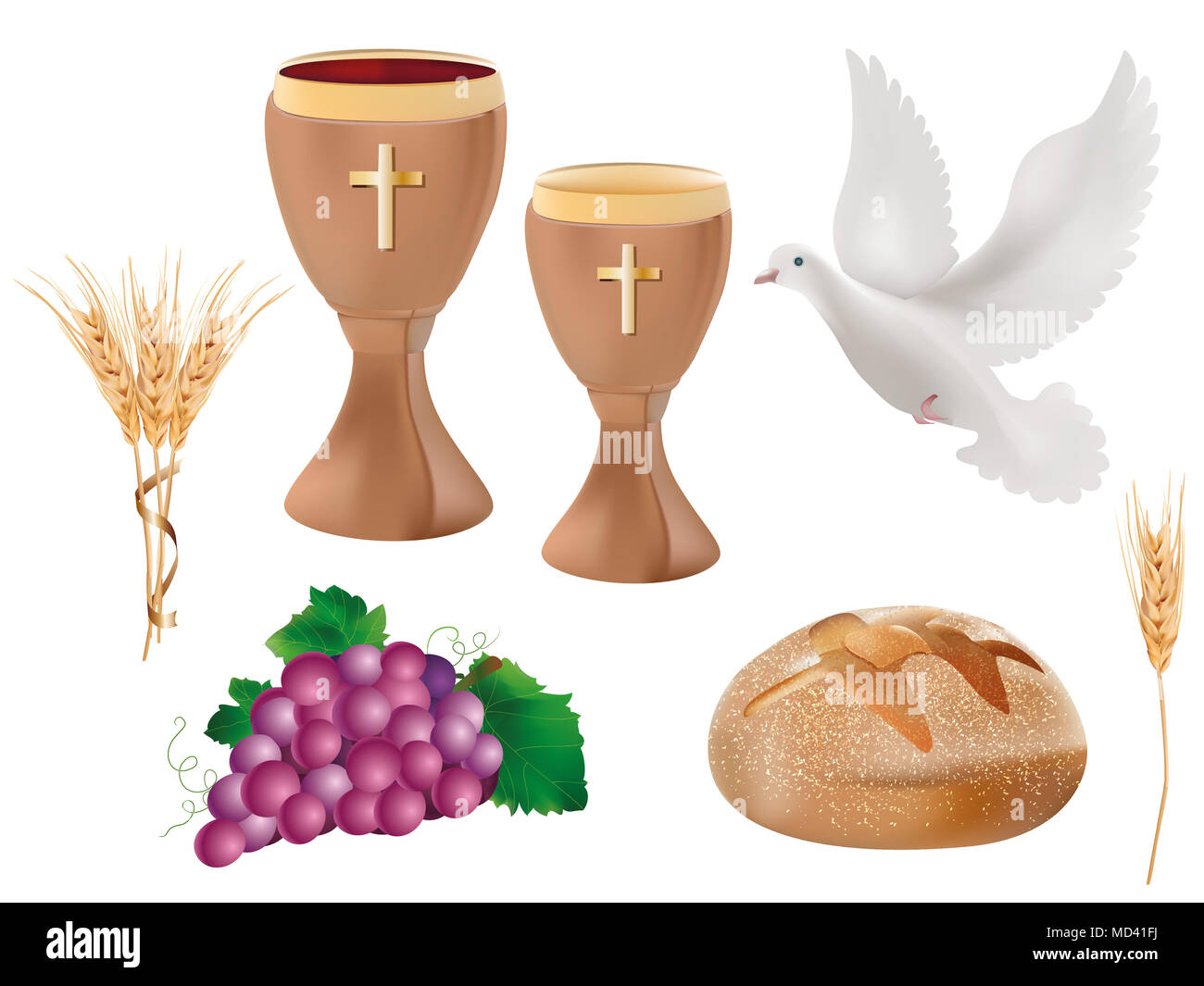 Isolierte christliche Symbole: Holzkelch mit Wein, Taube, Trauben, Brot, Weizenähren. Christliche Zeichen. Letzte Abendmahlssymbole.3D-realistische Abbildung Stockfoto