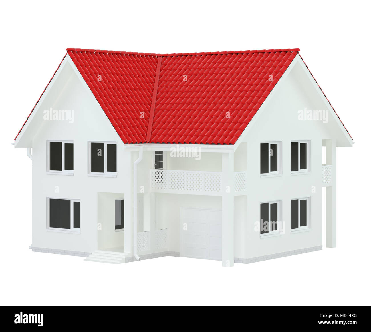 Haus modernen, zeitgenössischen Stil mit roten Dach auf weißem Hintergrund. 3D-Rendering. Stockfoto