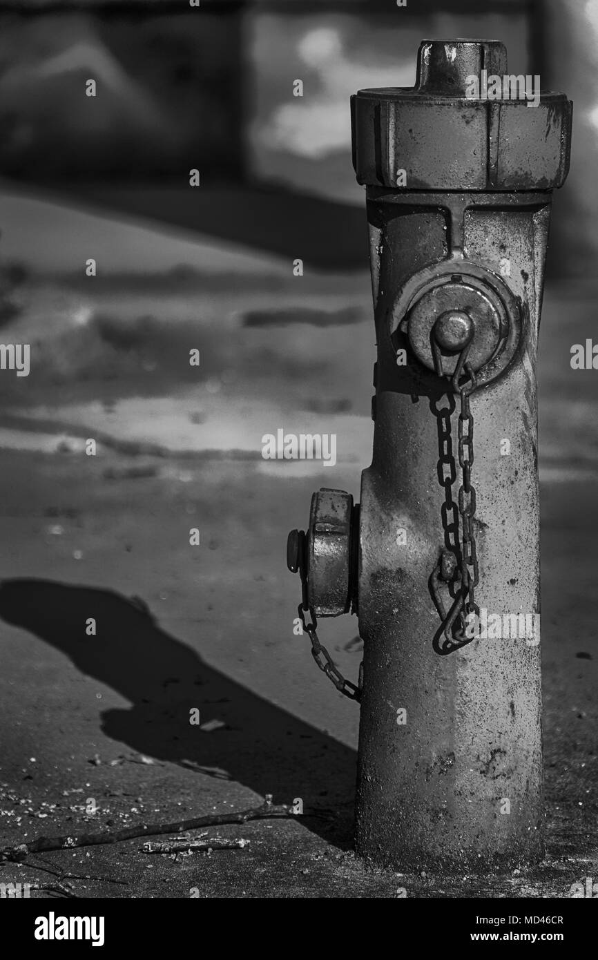 Hydrant in der Stadt Straße, detail Prevention System mit Stein aus Fokus Bürgersteig Hintergrund. Stockfoto