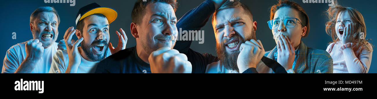 Die emotionale verärgert, Männer, Frau, jugendlich schreiend auf Blau studio Hintergrund Stockfoto