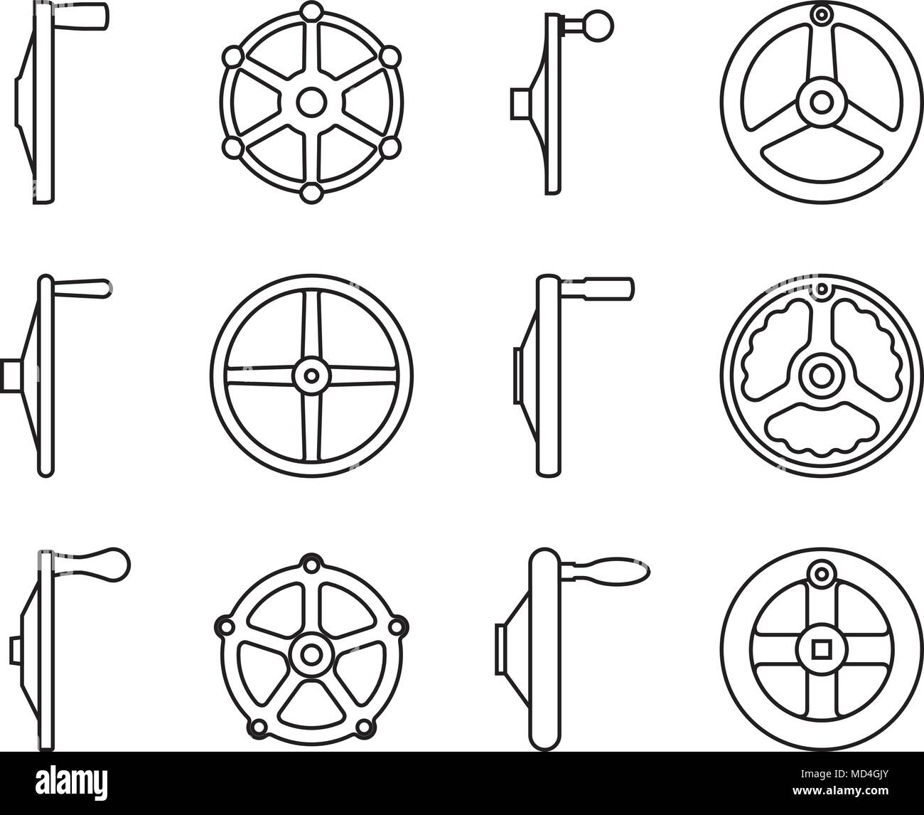 Satz von verschiedenen Arten von Hand Rad zum Einstellen und in Betrieb. Vektor, dünne Linie Stock Vektor