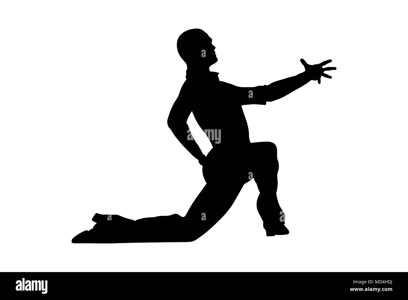 Männliche Tänzer tanzen Pose auf seinem Knie schwarze Silhouette Stockfoto