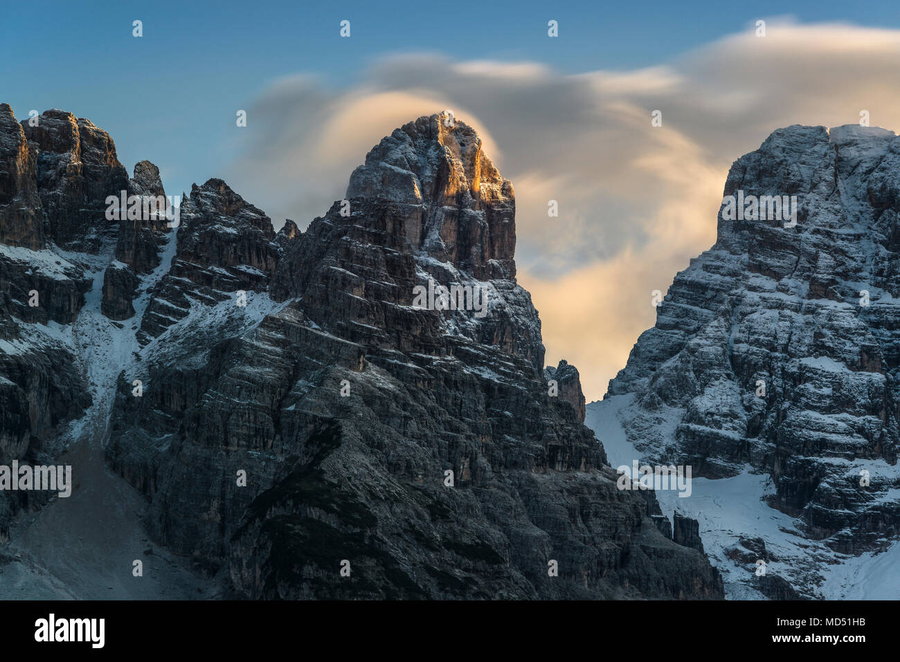 Blick von der Dürrensee mit Monte Cristallo bei Sonnenuntergang, Cristallo, Dolomiten, Südtirol, Italien Stockfoto