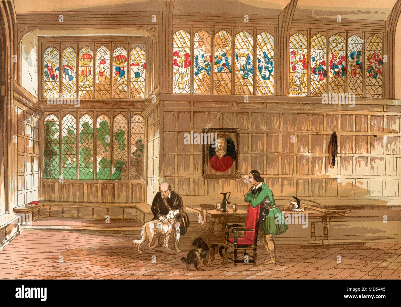 Hall an Ockwells, Berkshire, England. Ockwells Manor ist ein Fachwerkhaus aus dem 15. Jahrhundert Manor House, das eine Reihe von zeitgenössischen heraldischen Glasmalereien in der Halle. Aus Old England: eine bildliche Museum, veröffentlicht 1847. Stockfoto