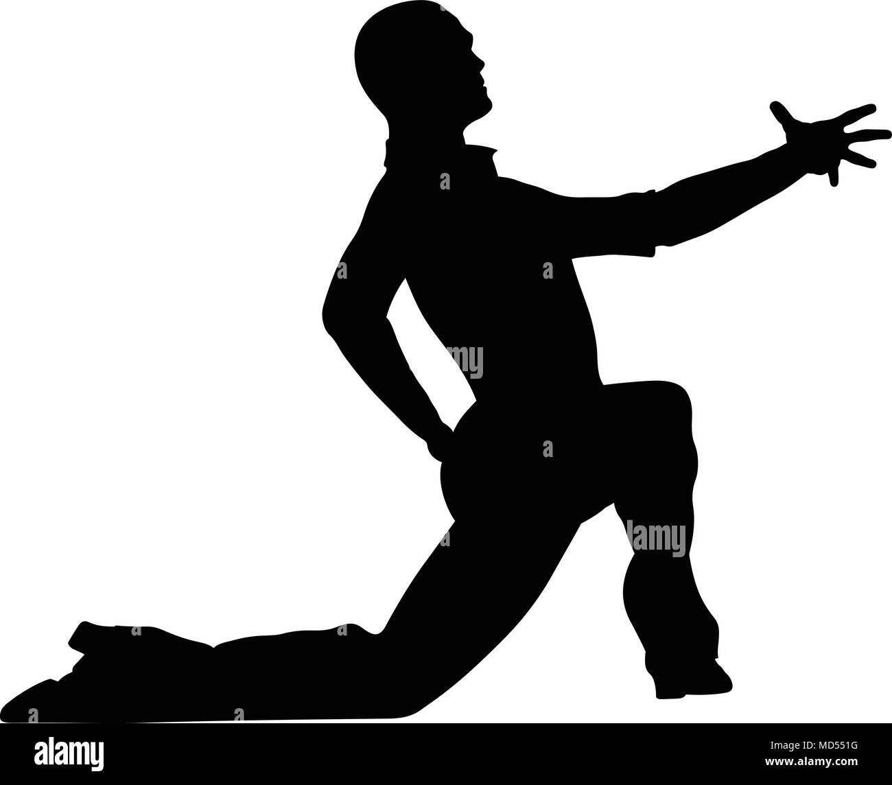 Männliche Tänzer tanzen Pose auf seinem Knie schwarze Silhouette Stock Vektor