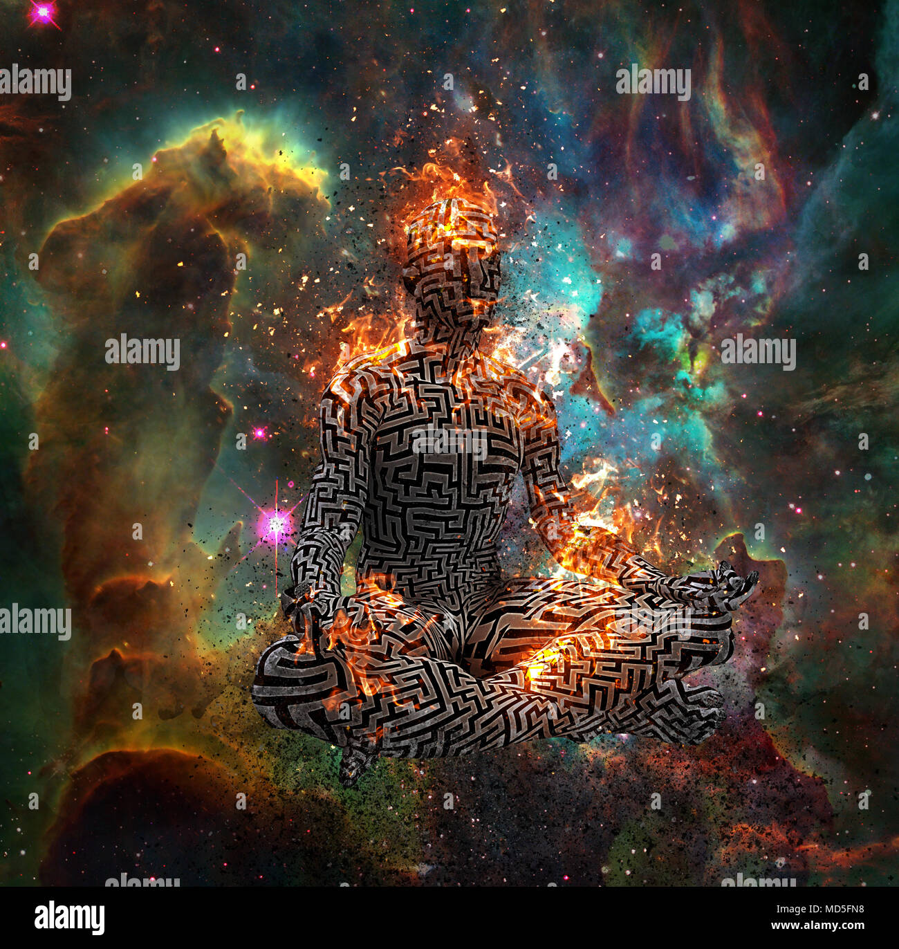 Surrealismus. Abbildung der Mann mit Labyrinth Muster im Lotussitz in Flammen. 3D-Rendering. Einige Elemente zur Verfügung gestellt mit freundlicher Genehmigung der NASA Stockfoto