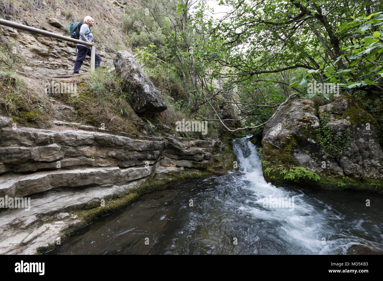 Wasserfall auf dem Majaceite River auf Spaziergang zwischen Benamahoma und El Bosque, Naturpark Sierra de Grazalema, Andalusien, Spanien, Europa Stockfoto