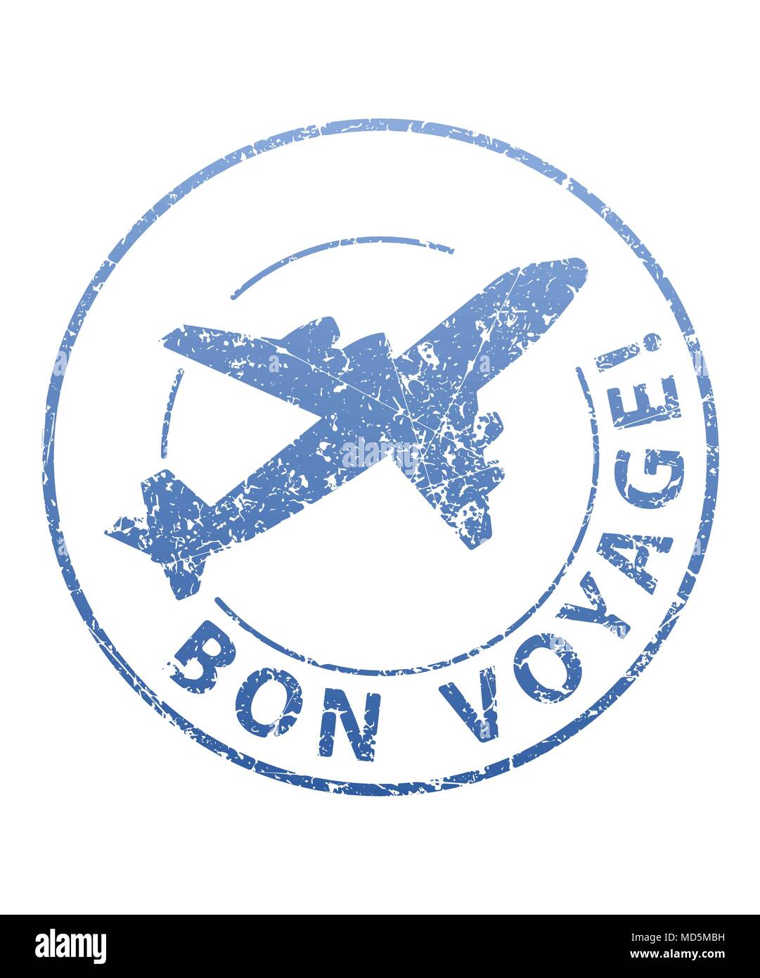 Bon Voyage blue grunge Gummi Stempel mit dem Flugzeug. Stock Vektor