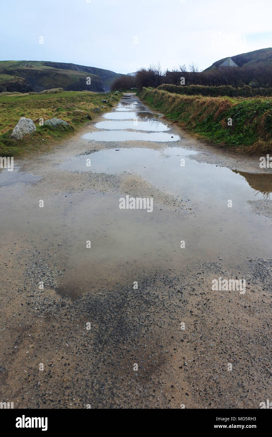 Eine überflutete Cornish Country Track im Winter - Johannes Gollop Stockfoto