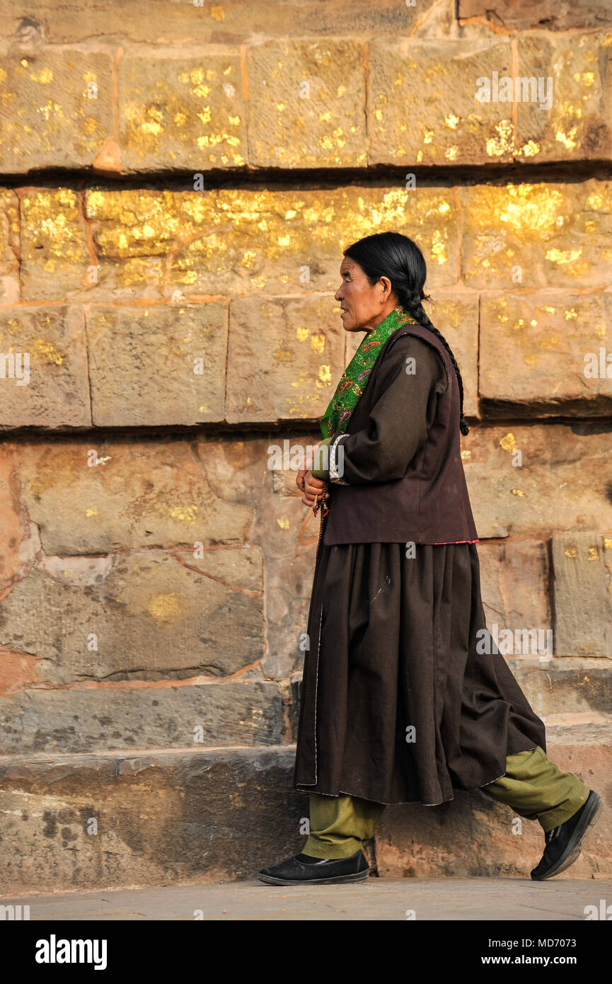 Eine tibetische Frau zu Fuß rund um den Stupa in Sarnath Dhamek Stockfoto