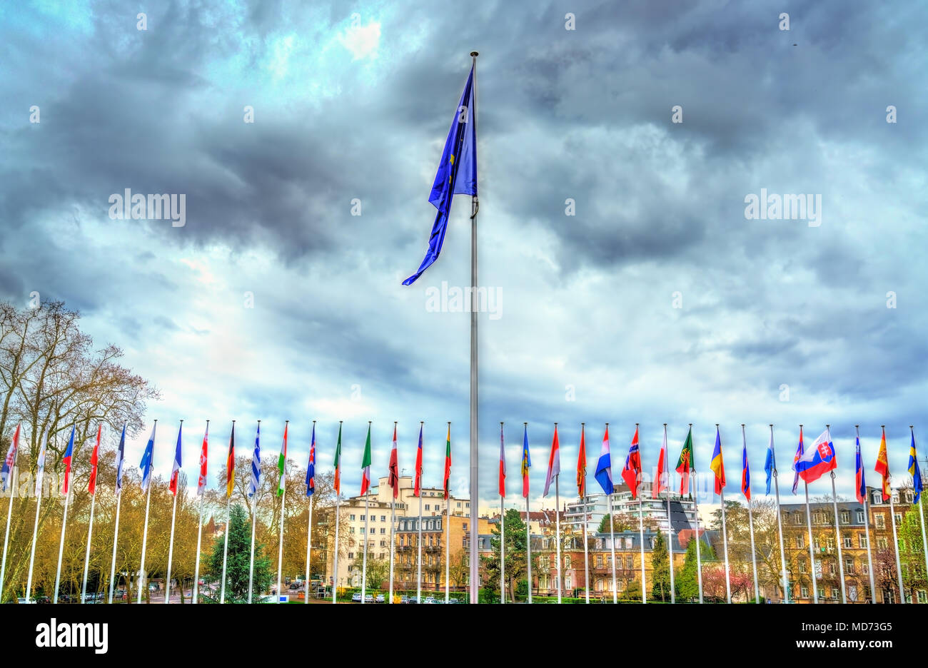 Flaggen der Mitgliedstaaten des Europarats in Straßburg, Frankreich Stockfoto