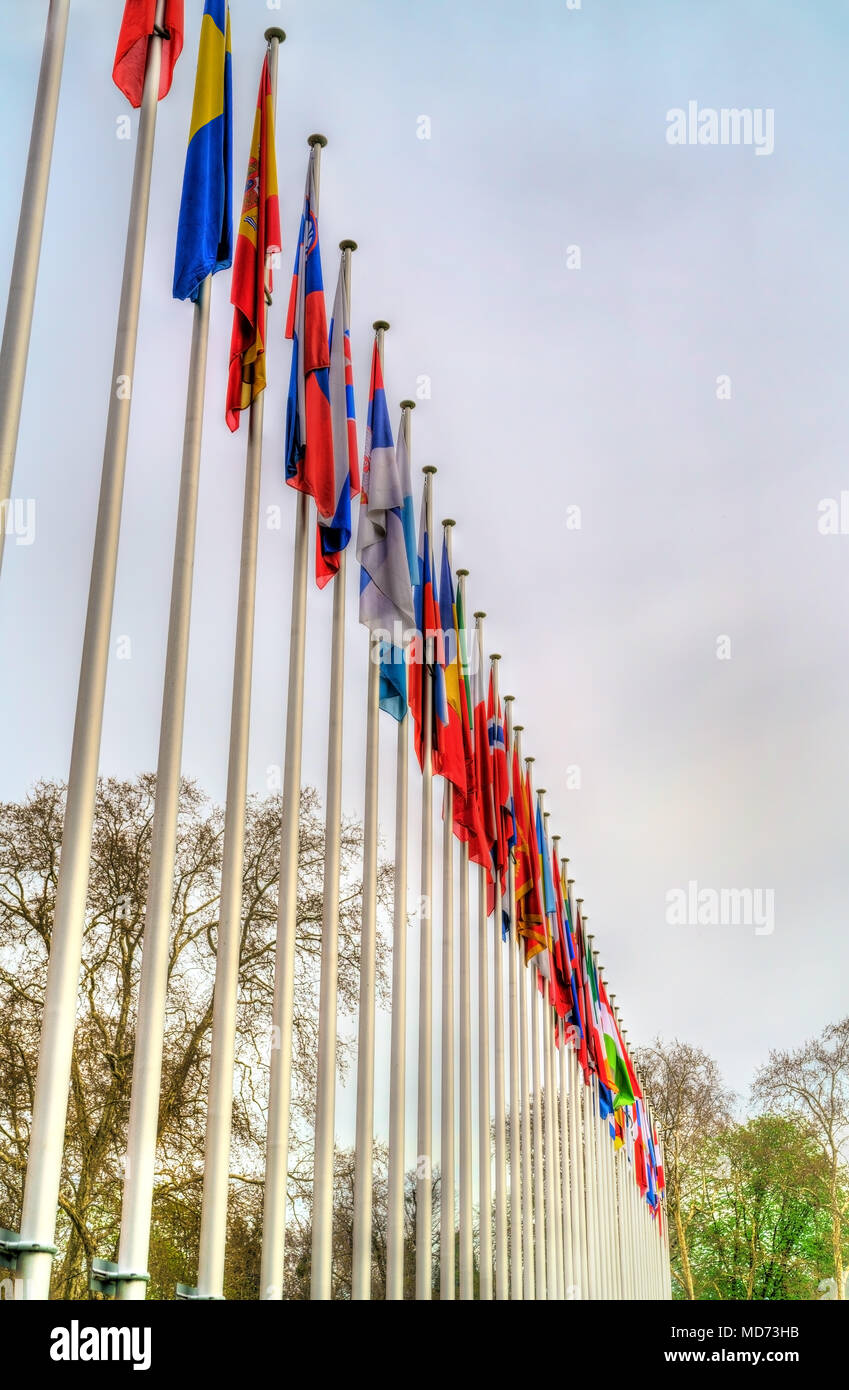 Flaggen der Mitgliedstaaten des Europarats in Straßburg, Frankreich Stockfoto