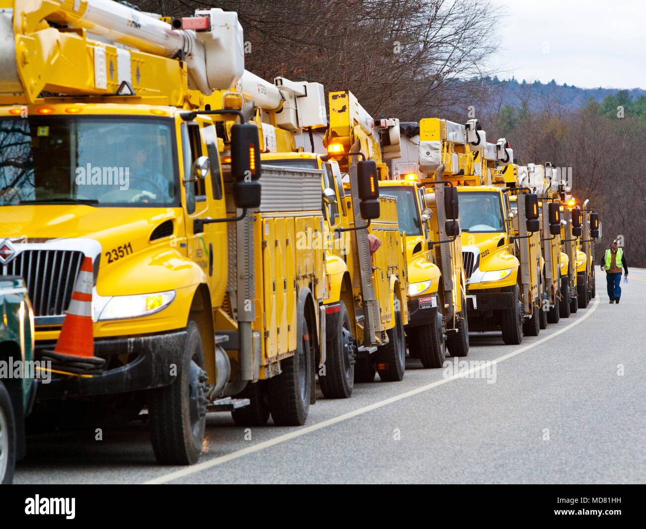 Ein Konvoi von Gelb electric utility Trucks, die sich in der Ausbildung in Richtung Süden mit Hurrikan Schäden Bereinigung für Hurrikan Sandy zu unterstützen. Stockfoto