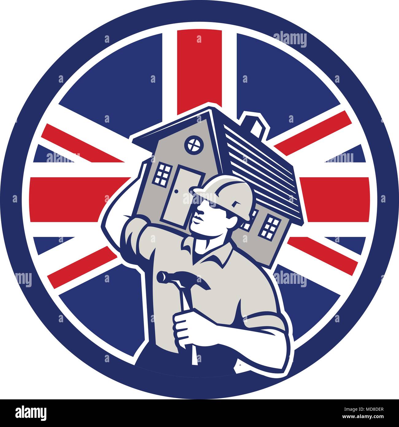 Symbol Retro Stil Abbildung eines britischen Bauunternehmen, Baumeister, Handwerker, Zimmermann, Haus mit Vereinigtes Königreich Großbritannien, Großbritannien Unio Stock Vektor
