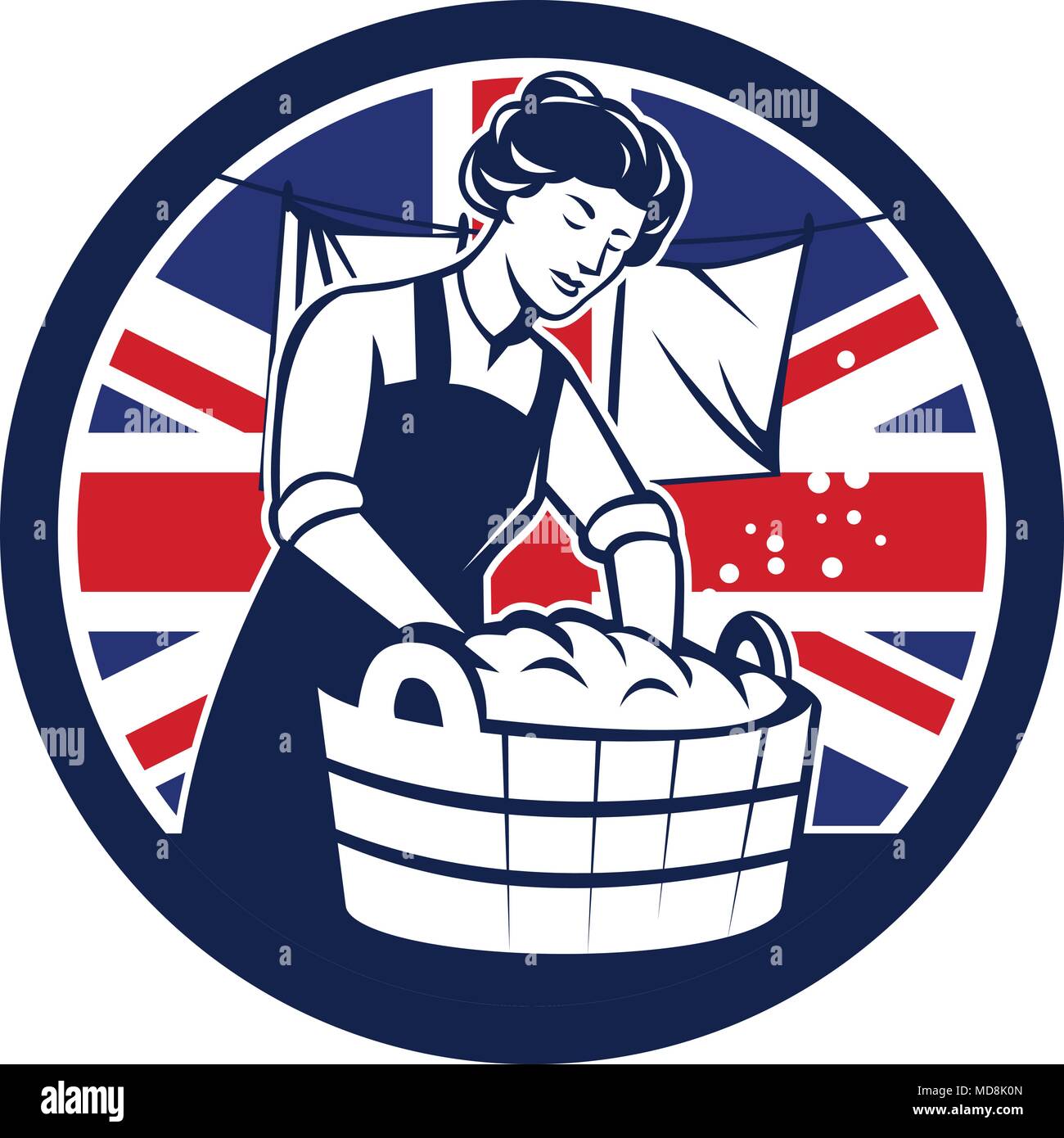 Symbol Retro Stil Abbildung eines Vintage British Hausfrau Wäsche waschen mit Vereinigtes Königreich Großbritannien, Großbritannien Union Jack Flagge im inneren Kreis o Set Stock Vektor