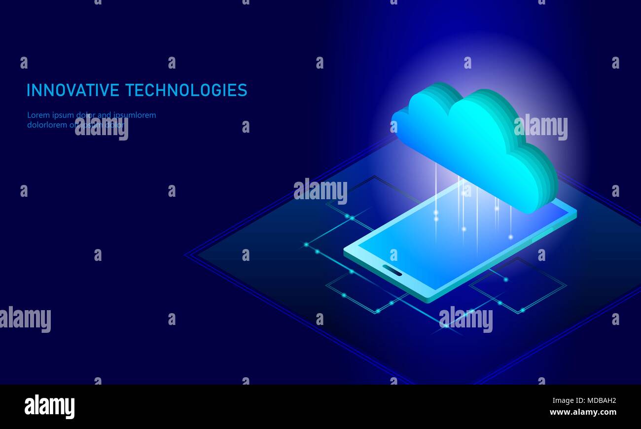 Cloud Computing online Storage isometrische Smartphone. Grosse Daten Informationen Zukunft moderne Internet Business Technology. Blau leuchtende Global File Exchange verfügbar Hintergrund Vector Illustration Stock Vektor