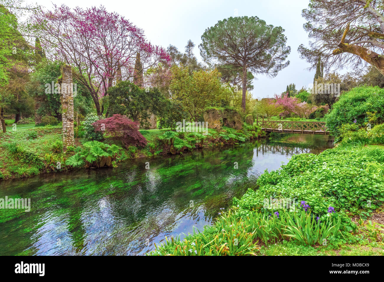 Garten von Ninfa, Italien - ein Naturdenkmal mit mittelalterlichen Ruinen in Stein, Blumen Park und ein ehrfürchtiges Torrent mit wenig fallen. Provinz Latina. Stockfoto