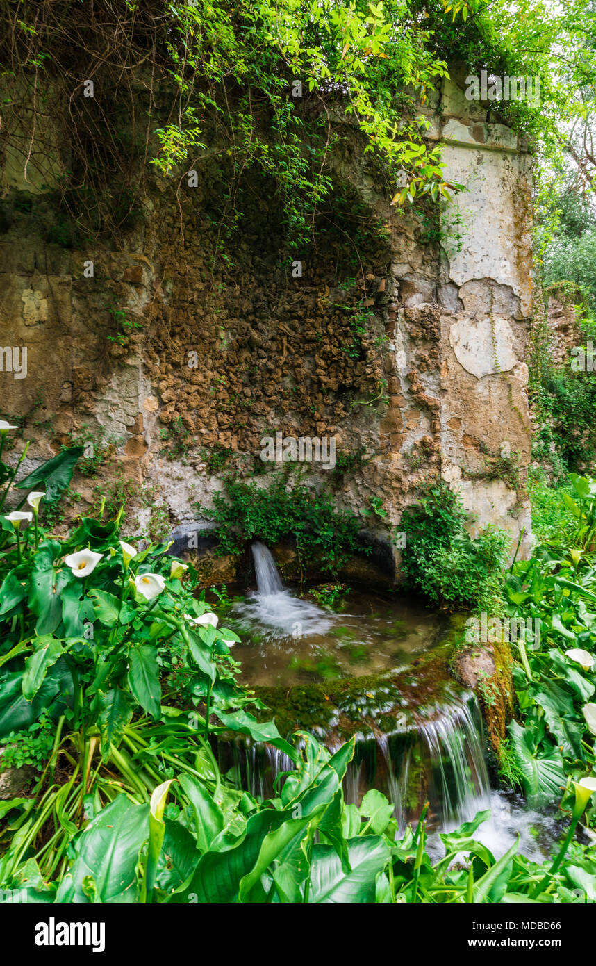 Garten von Ninfa, Italien - ein Naturdenkmal mit mittelalterlichen Ruinen in Stein, Blumen Park und ein ehrfürchtiges Torrent mit wenig fallen. Provinz Latina. Stockfoto