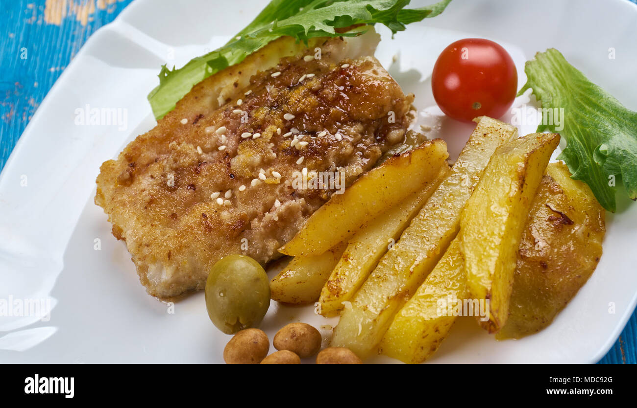 Chinese-Style Blatt pan Kabeljau, Amerikanische Version der chinesischen Küche. Stockfoto