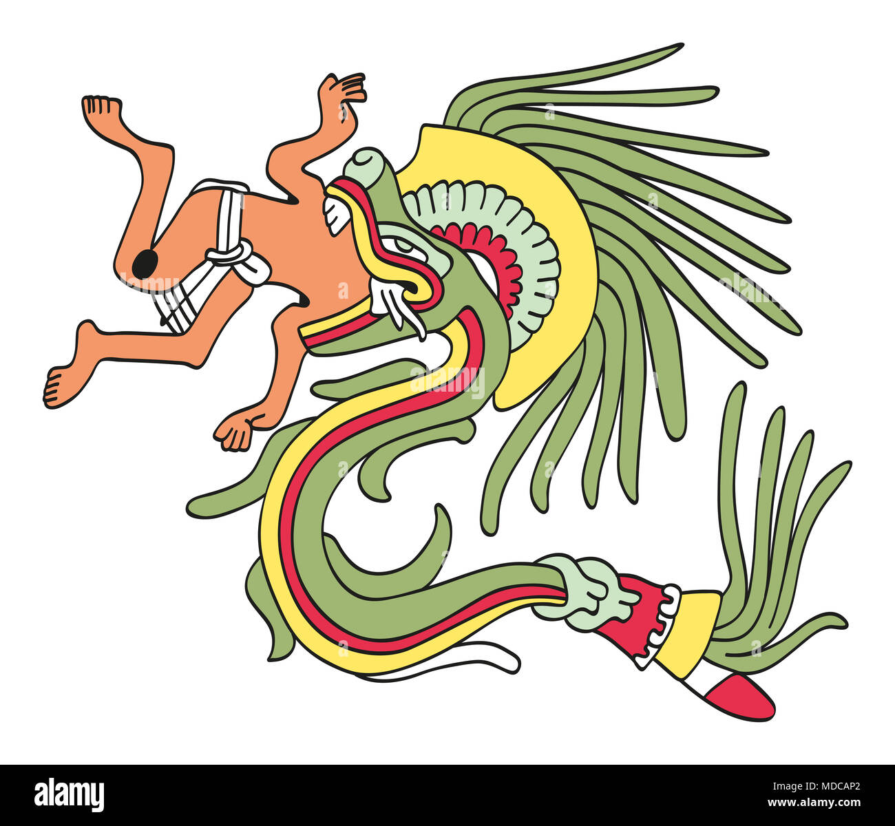 Quetzalcoatl in gefiederte Schlange bilden, essen ein Mann. Gott des Windes und Weisheit. Gottheit wie in einer aztekischen Manuskript Malerei dargestellt. Stockfoto