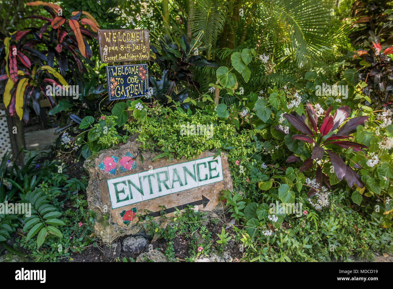 Üppige Vegetation Umschläge ein Stein ein Eingangsschild für die Barbados botanischen Garten. Stockfoto