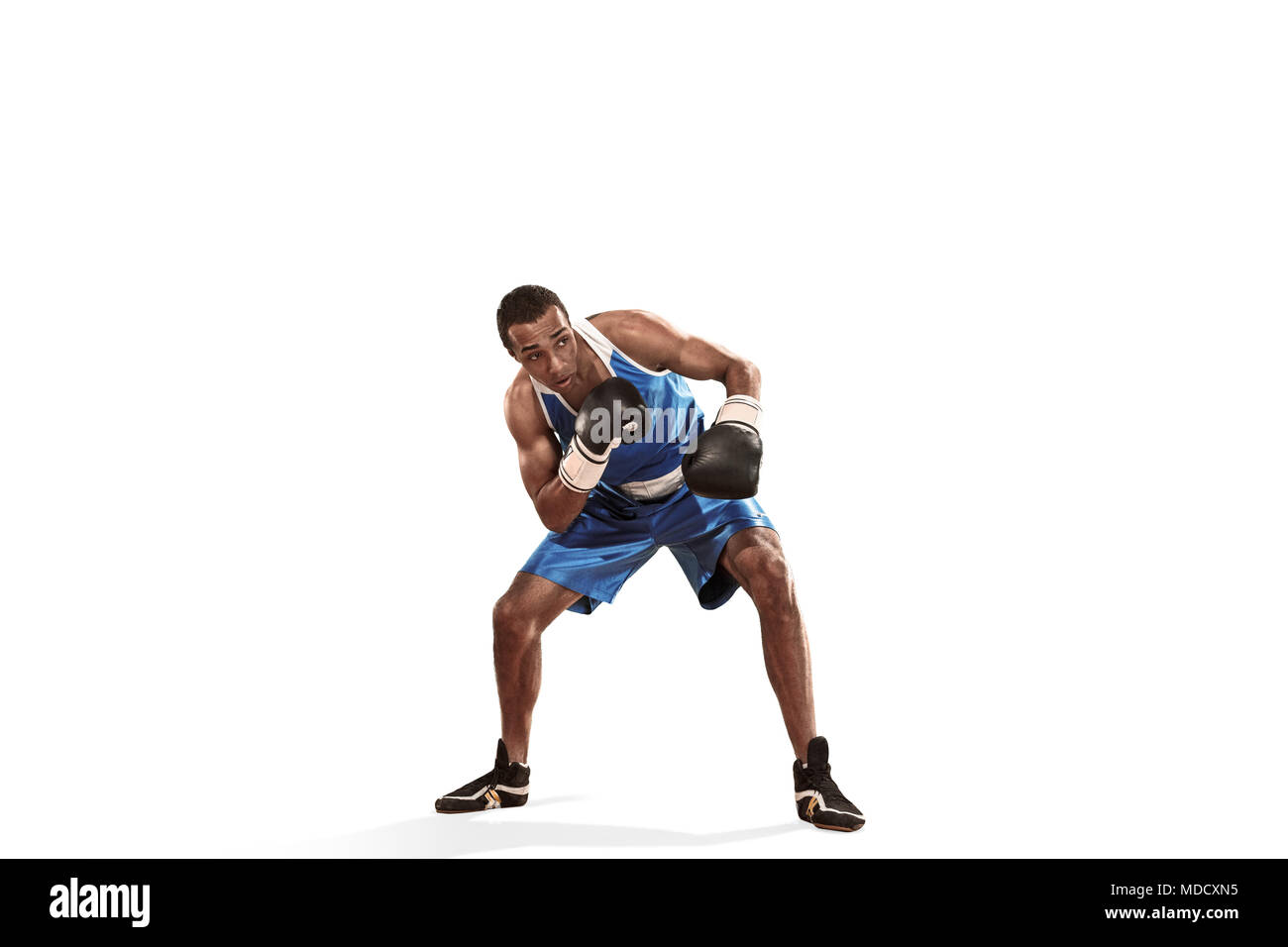 Sportliche Mann beim Boxen Übung machen. Foto der Boxer auf weißem Hintergrund Stockfoto