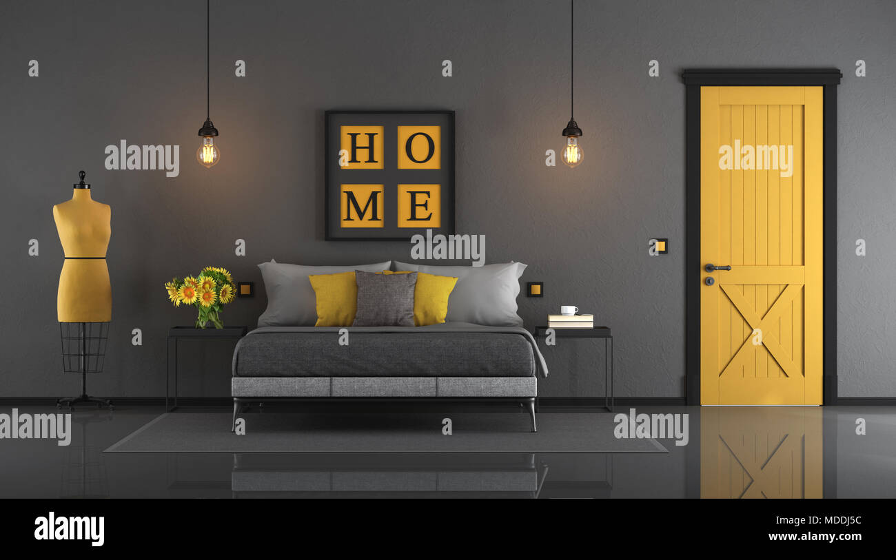 Grau und Gelb Hauptschlafzimmer mit Doppelbett, geschlossenen Tür und Mannequin - 33 d Rendering Stockfoto