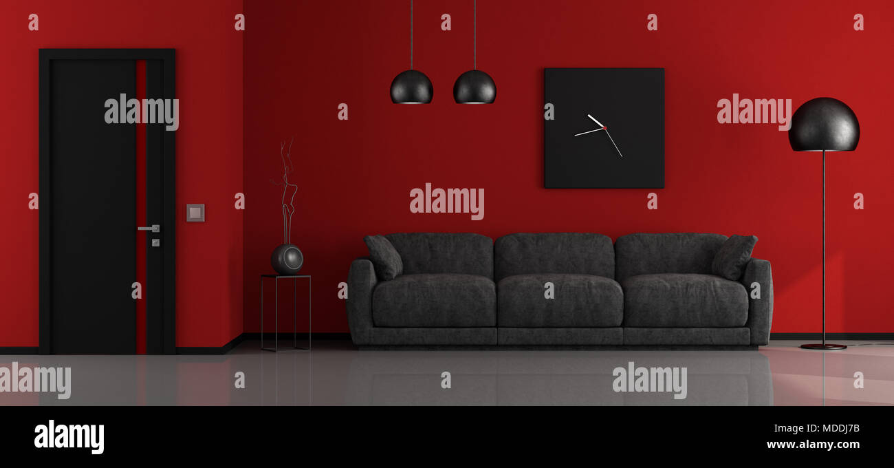 Schwarz und Rot minimalistischen Wohnzimmer mit Sofa und geschlossene Tür - 3D-Rendering Stockfoto