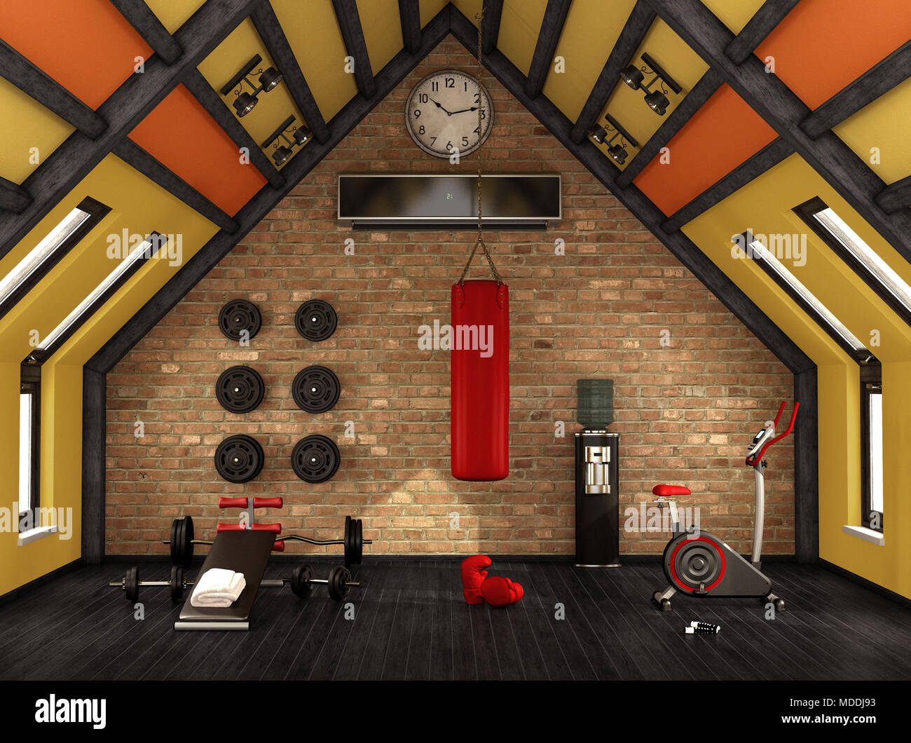 Home Gym in der Mansarde mit Trainingsgeräten - 3D-Rendering Stockfoto