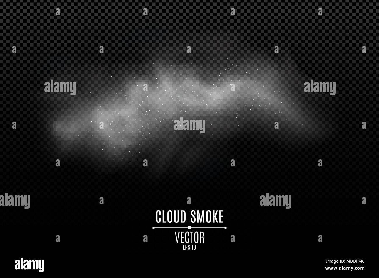 Rauch auf einem transparenten dunklen Hintergrund. Ein dicker Nebel. Rauch vom Feuer. Weißer Staub. Dicke Wolke. Rauch Effekt für Ihr Design. Vector Illustration. Stock Vektor