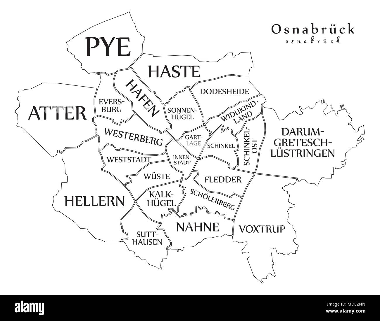 Moderne Stadtplan - Osnabrück Stadt Deutschlands mit Bezirken und Titel DE Übersichtskarte Stock Vektor