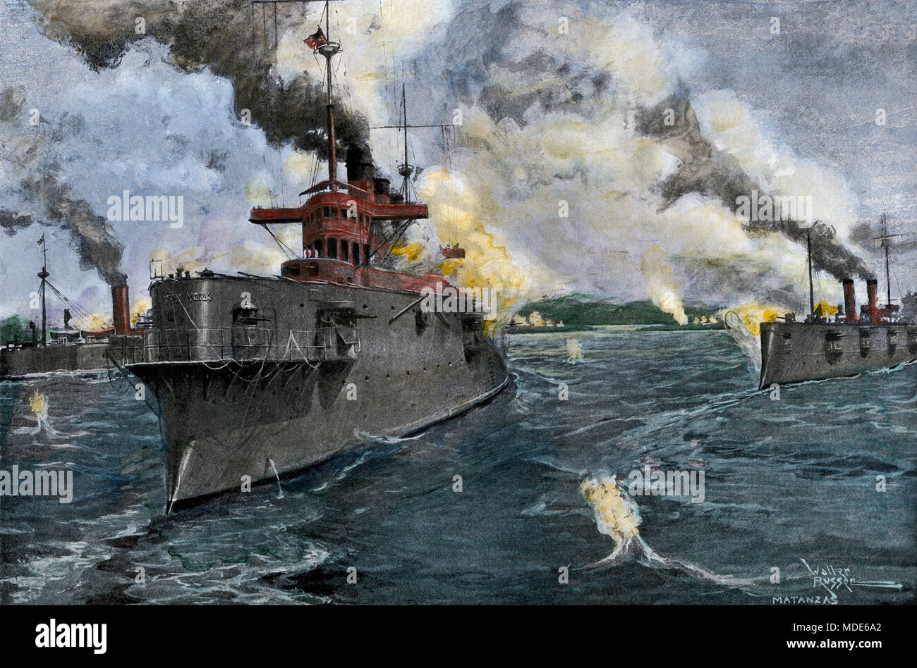US Naval Bombardierung von Matanzas, Cuba, während des Spanisch-Amerikanischen Krieges, 1898. Handcolorierte halftone einer Abbildung Stockfoto