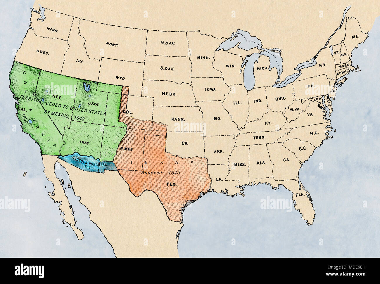 Karte des Gebiets von Mexiko im Südwesten der Vereinigten Staaten, 1800. Digital farbige Abbildung Stockfoto