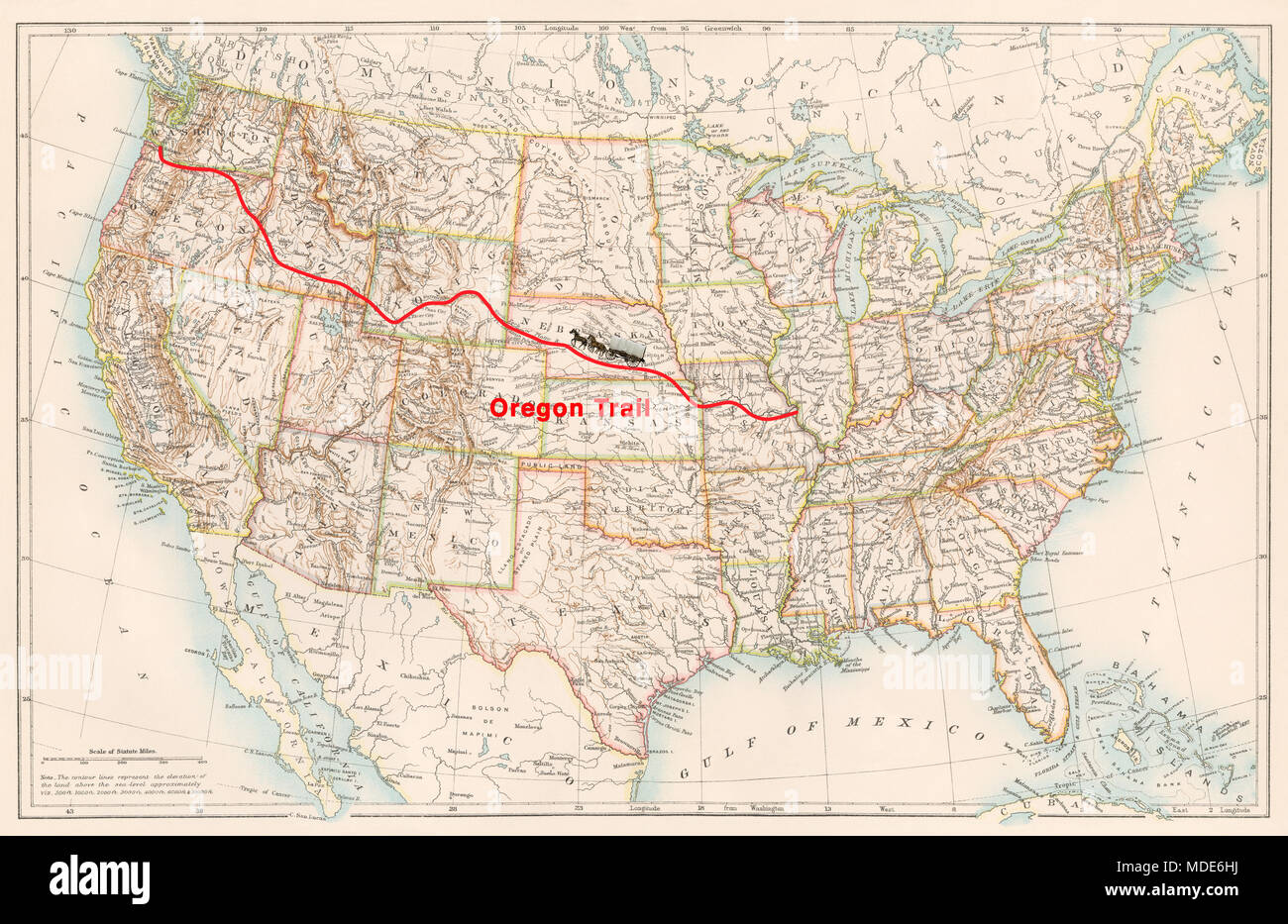 Oregon Trail Route auf einer 1870er Karte der USA. Digitale Illustration Stockfoto