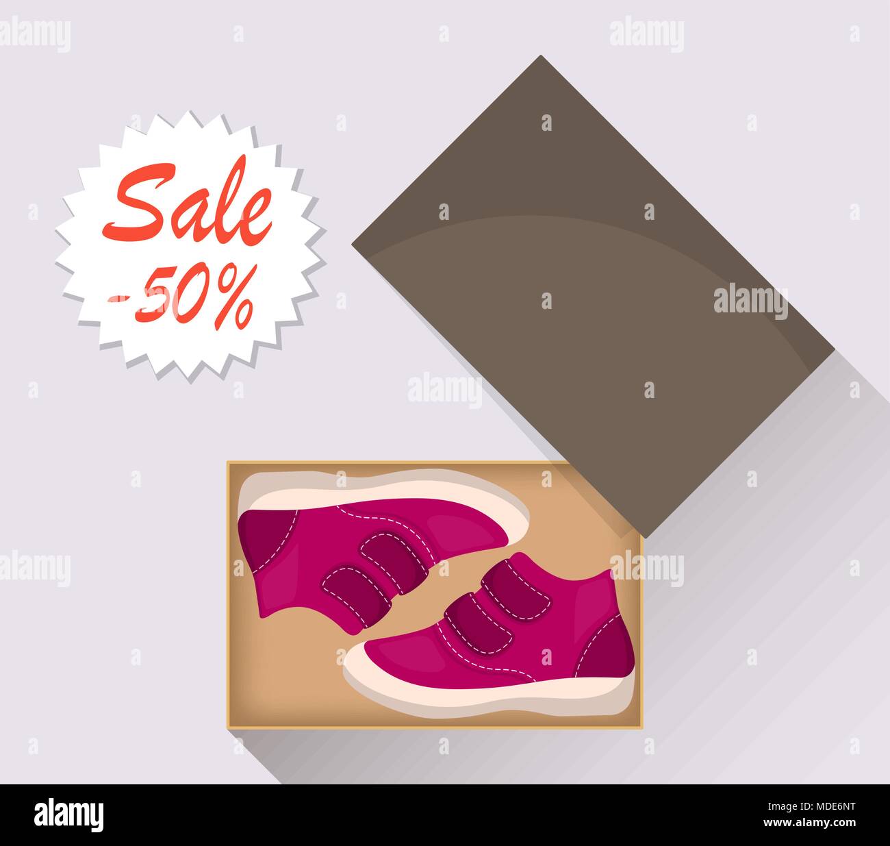 Kleinen niedlichen Baby Schuhe im Karton, Seitenansicht. Verkauf mit einem Rabatt von 50 Prozent. Kid's Casual rosa Stiefel. Illustration für ein Schuhgeschäft. Vektor Flachbild illu Stock Vektor