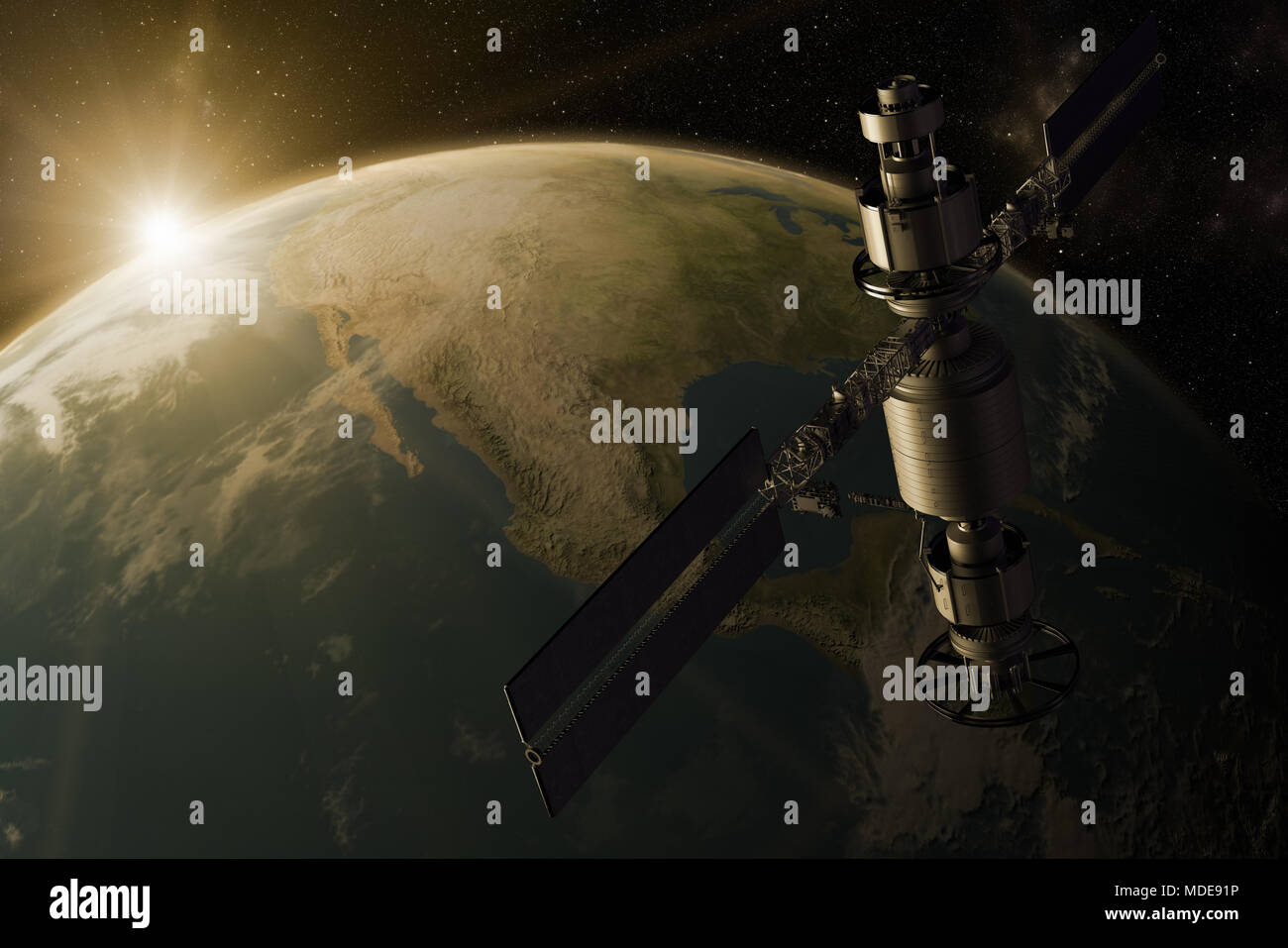3D-Rendering eines Satelliten die Erde umkreisen Stockfoto