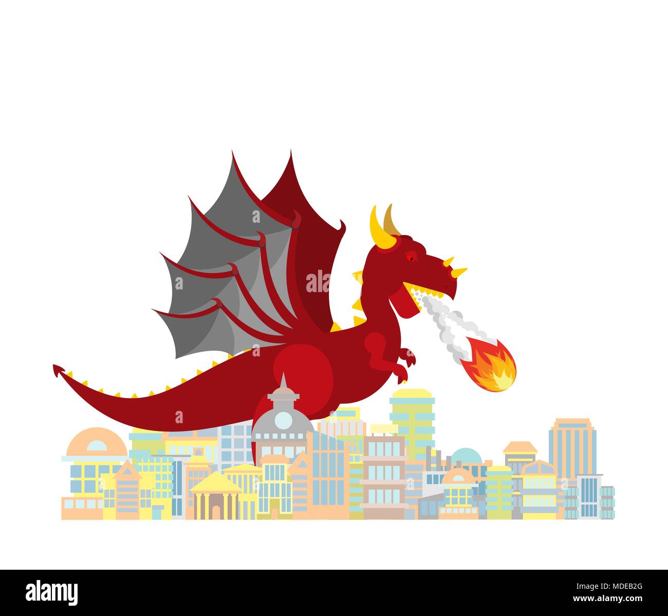 Dragon burns Stadt. Rot große mythische Monster zerstört. Stock Vektor