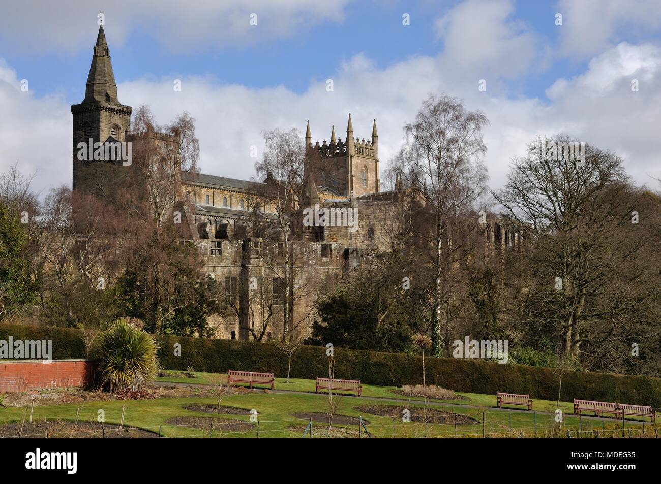Dunfermline Abbey von Pittencrieff Park Stockfoto
