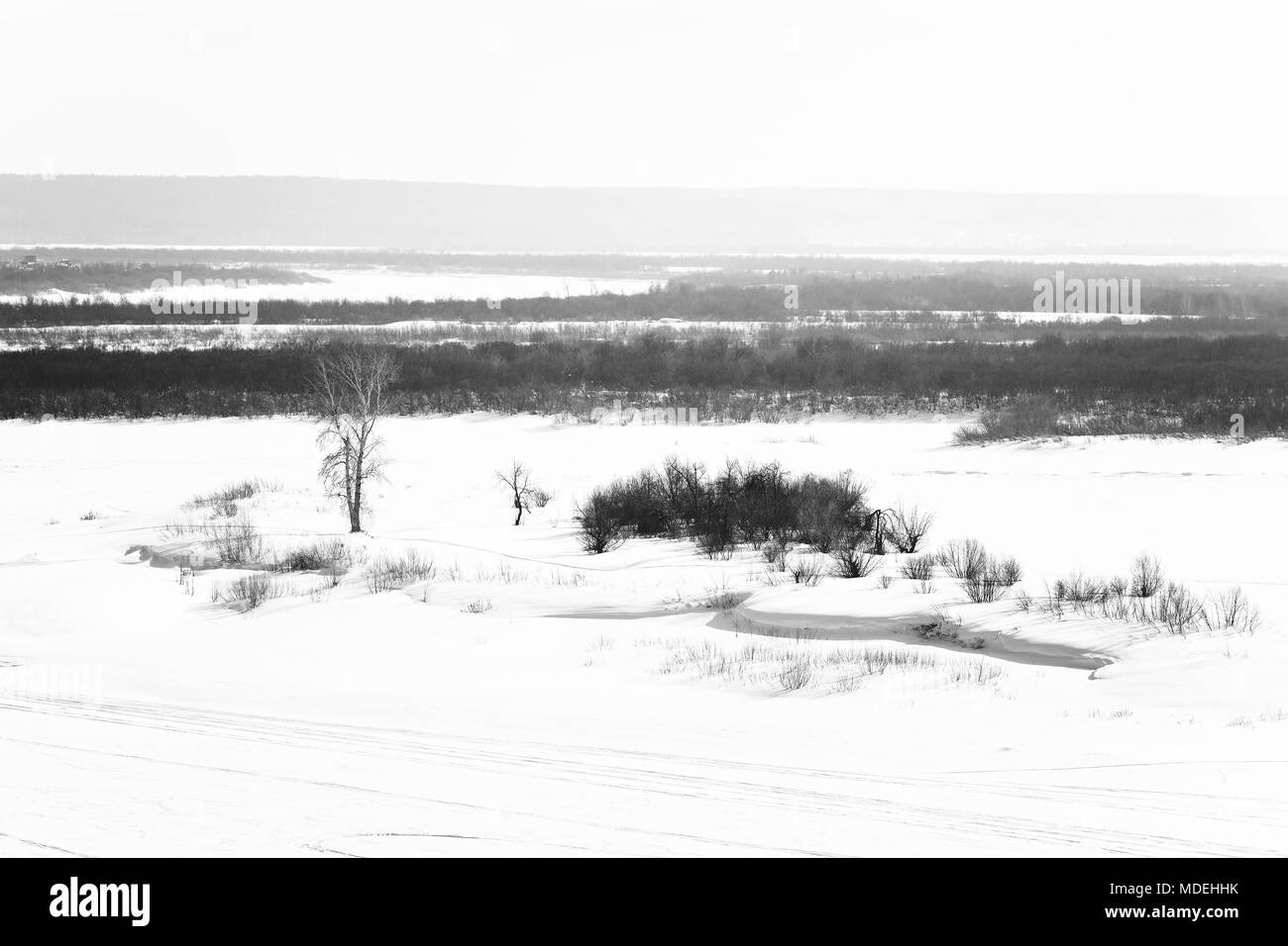 Winter Szene: Frosty Landschaft mit gefrorenen Fluss und Bäume im Minimal Schwarz-Weiß Stil Stockfoto