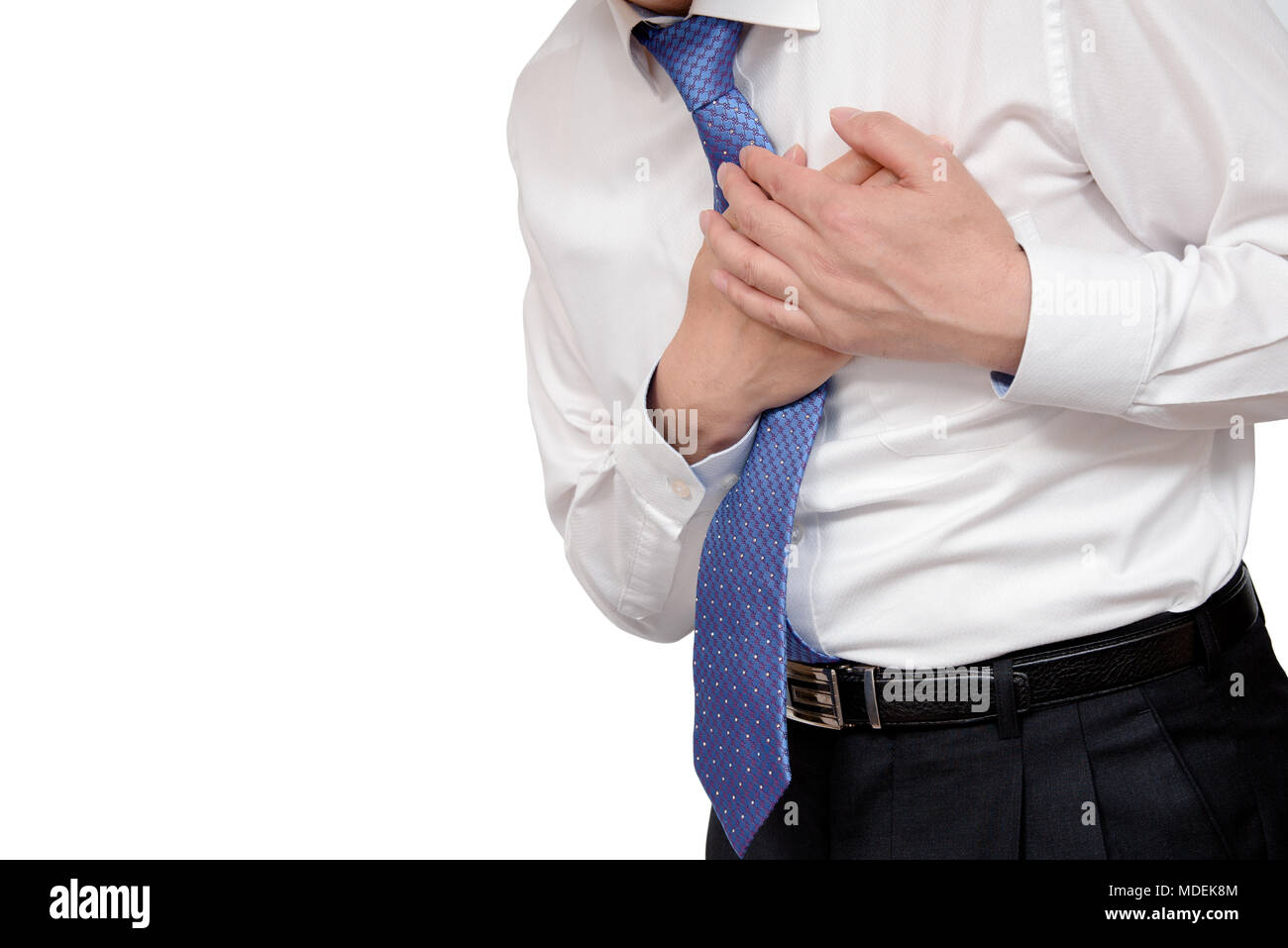 Geschäftsmann mit Herzinfarkt. isoliert. Stockfoto