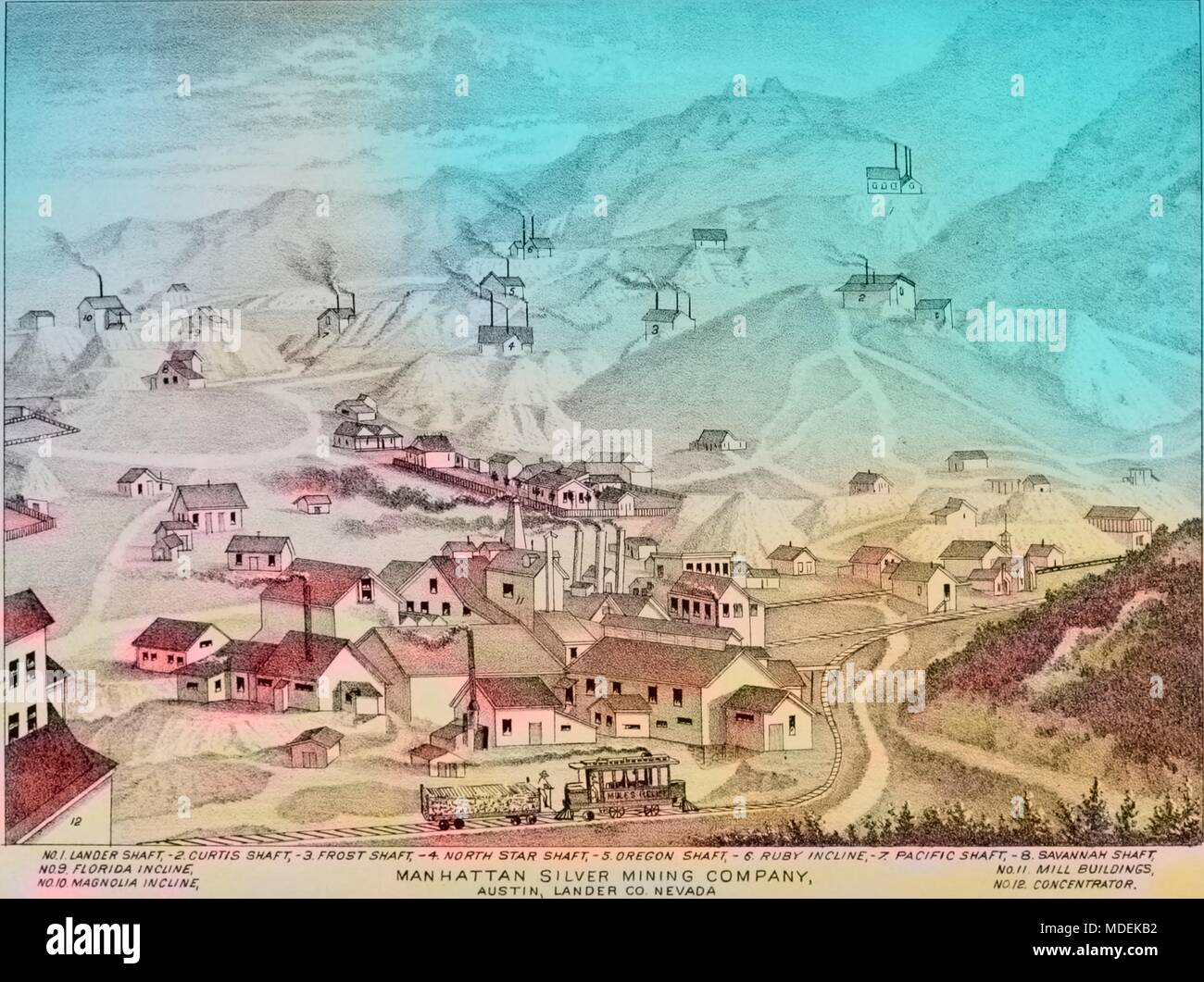 Handgezeichneten Karte von Minen durch die Manhattan Silver Mining Company in Austin, Nevada, 1881 betrieben. Mit freundlicher Genehmigung Internet Archive. Hinweis: Das Bild hat digital über ein modernes Prozess eingefärbt worden. Farben möglicherweise nicht sein - genau. () Stockfoto