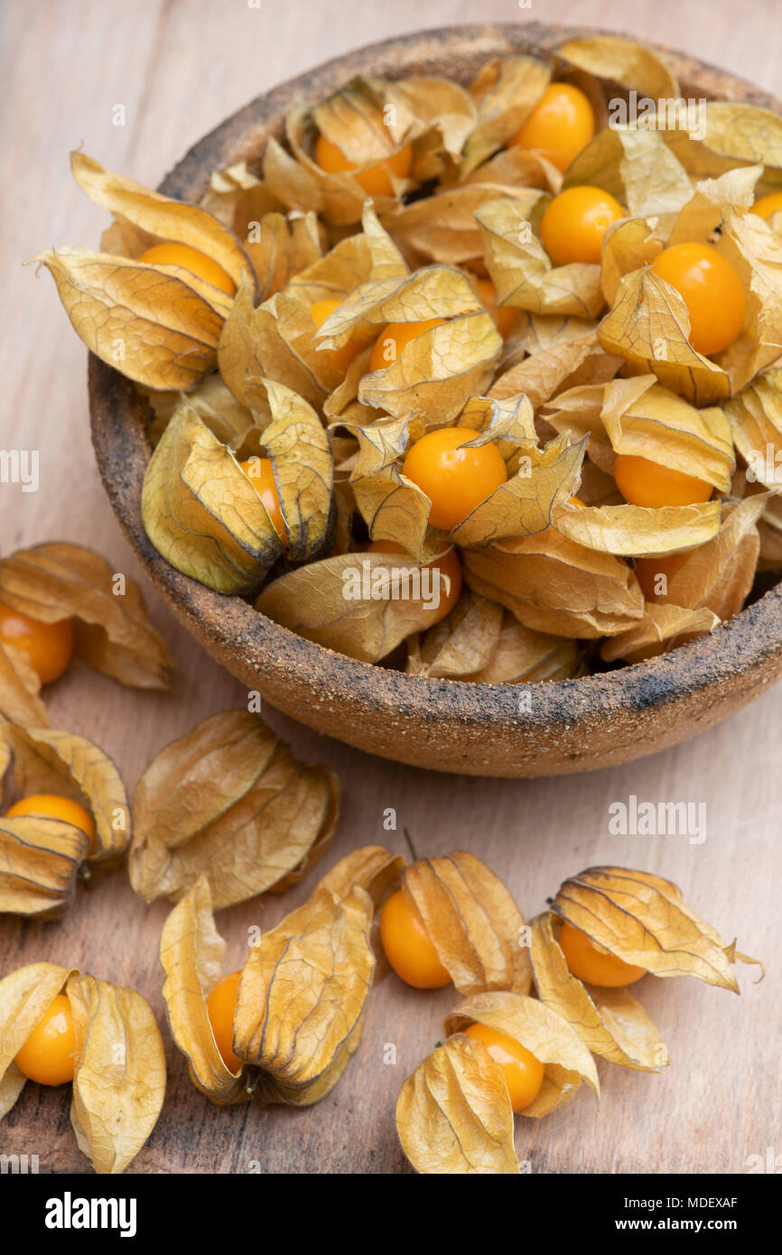 Physalis rubro. Kap Stachelbeeren Obst in einer Schüssel auf einem Holzbrett Stockfoto