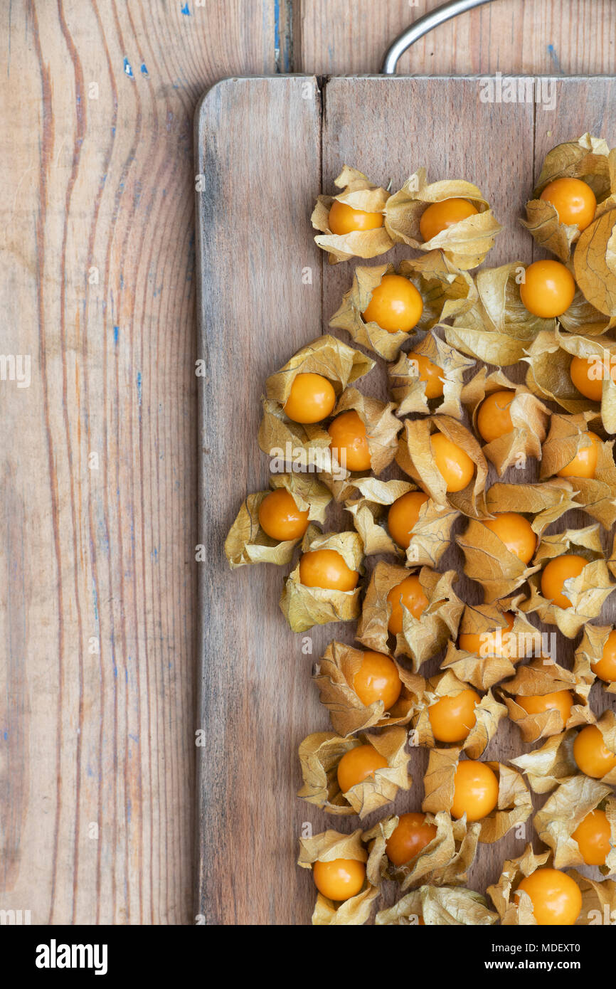 Physalis rubro. Kap Stachelbeeren Obst auf einem Holzbrett Stockfoto