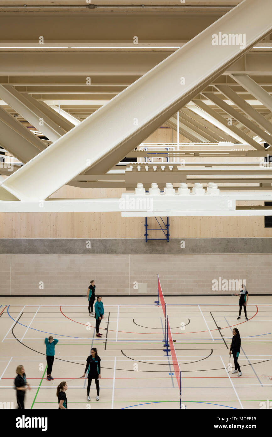 Detail ansicht Sporthalle Innenraum. Stephen Perse Stiftung Lernen und Sport Gebäude, Cambridge, Vereinigtes Königreich. Architekt: Chadwick Trockner Clark Stockfoto