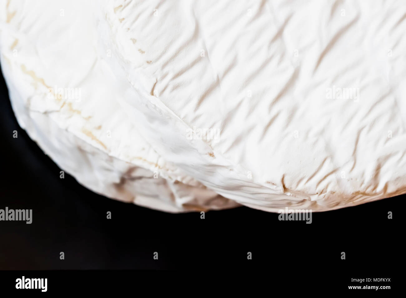 Zwei Köpfe von Camembert oder Brie Käse auf dunklem Hintergrund, selectov konzentrieren. Ansicht von oben. Für Hintergrund, mit Kopie Raum Stockfoto
