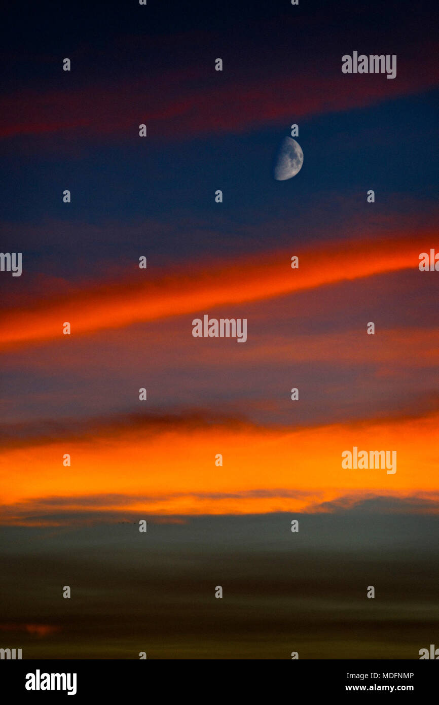 Mond in abnehmendem Viertel hebt sich der Sonnenuntergang Himmel. Stockfoto