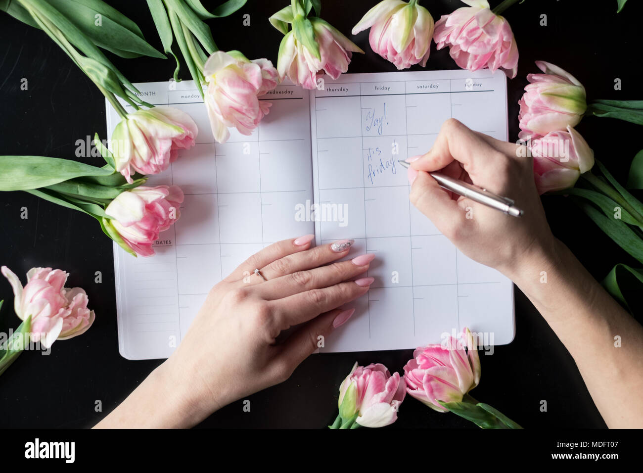 Frau schreibt in ihrem Tagebuch von Tulip Blumen umgeben Stockfoto