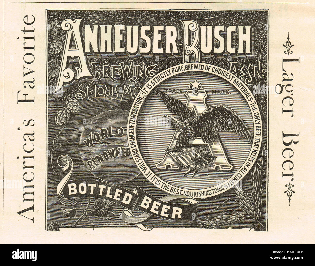 Frühe Anzeige, Anheuser Busch, 1888 Stockfoto